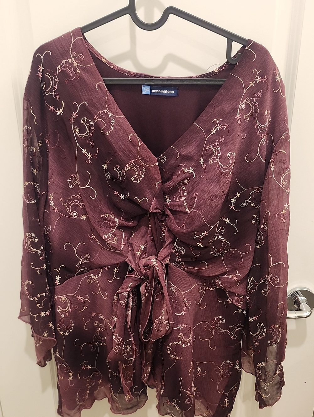 Penningtons Purple Ruffle Floral Floral Tie-Front Blouse Womens Size 26